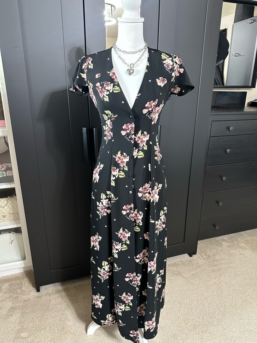 ZARA WOMAN Black Floral Button Front Maxi Dress M
